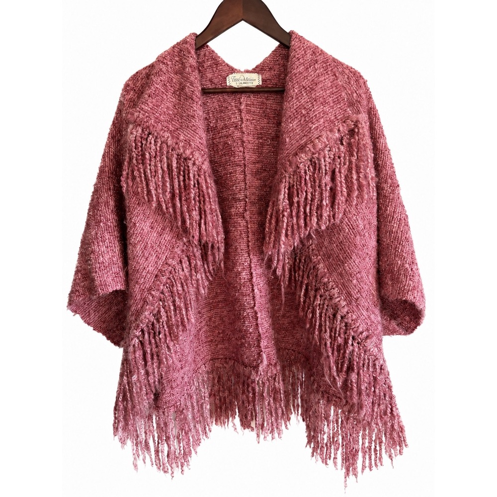 Hand Woven 100% Wool Fringe Poncho Wrap Pink One Size Artisan Boho Boucle knit
